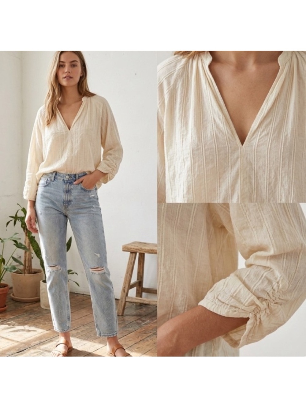 Zara Vneck Loose Blouse Size Small Oversized  Lightweight Cotton Balloon Sleeve